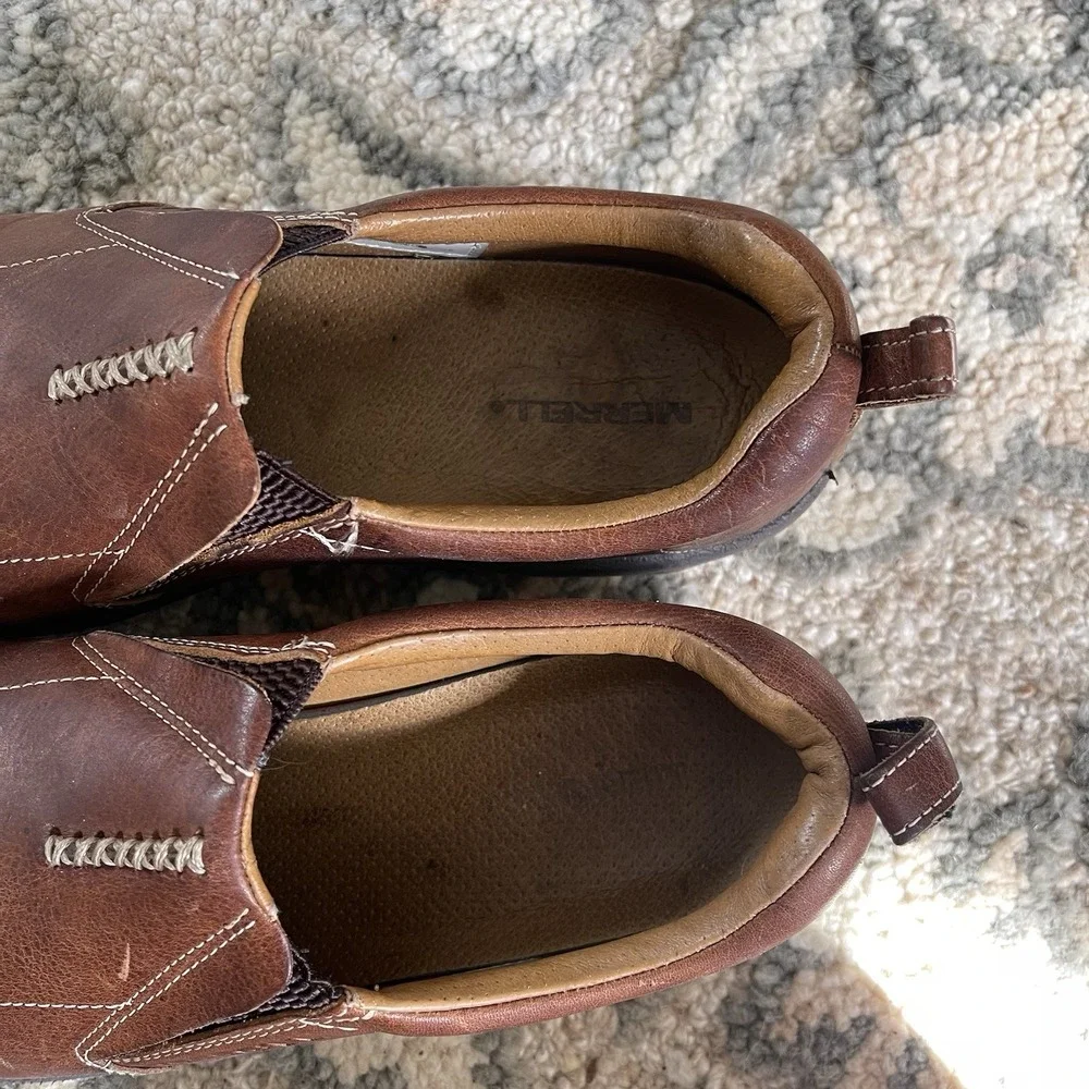 Mens Merrell Jungle‎ Moc Leather Shoes Sz 9 Brown Slip On Loafers Dress Shoes